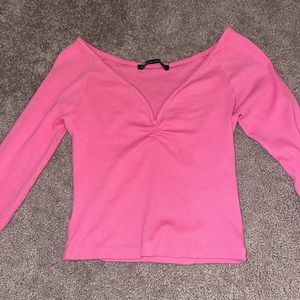 Hot Pink Ribbed Long-Sleeved top with Wired V-Neck